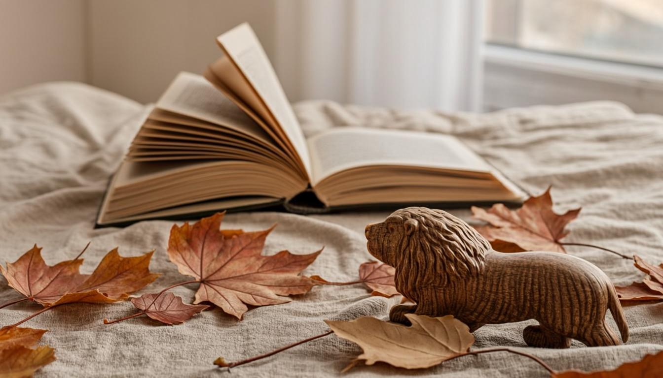 Open book with autumn leaves and a small wooden lion toy, warm window light
