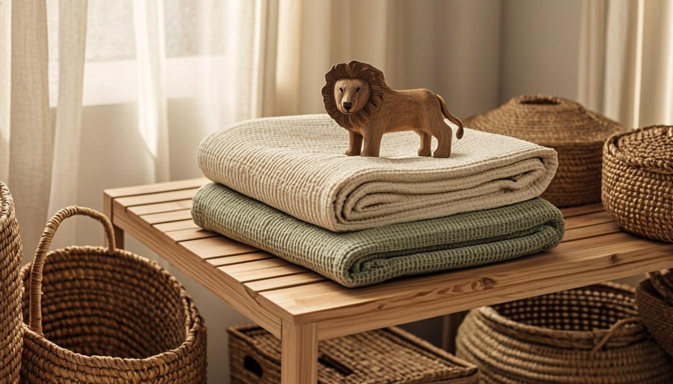 Warm sunlit nursery room with wooden crib and soft toys