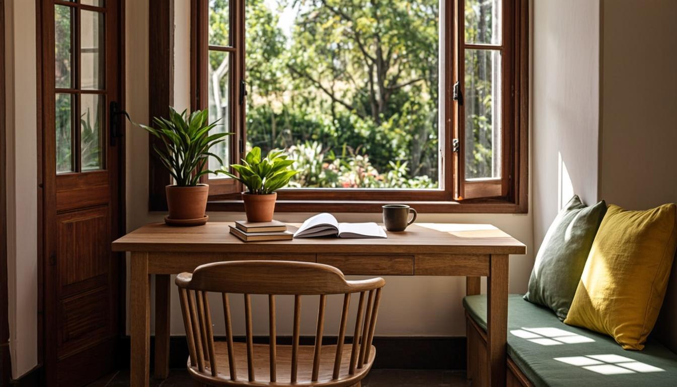 Warm aftercare space with homework table and garden view