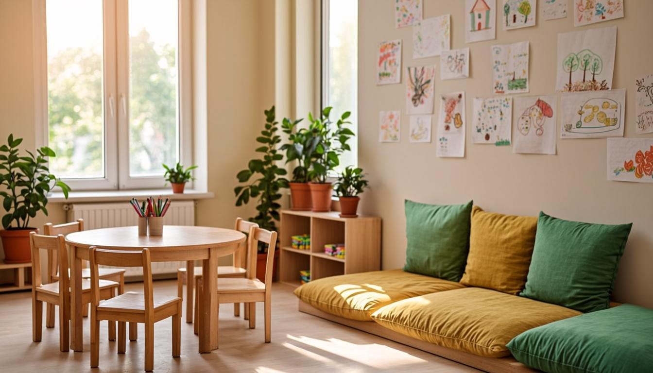Bright pre-primary classroom with reading nook and natural light