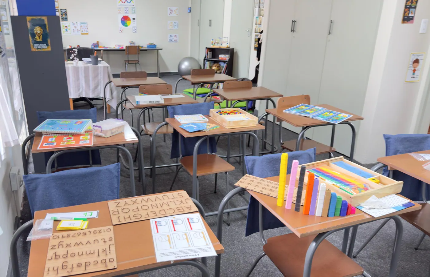 A real Lions Heart classroom prepared with individual learning materials
